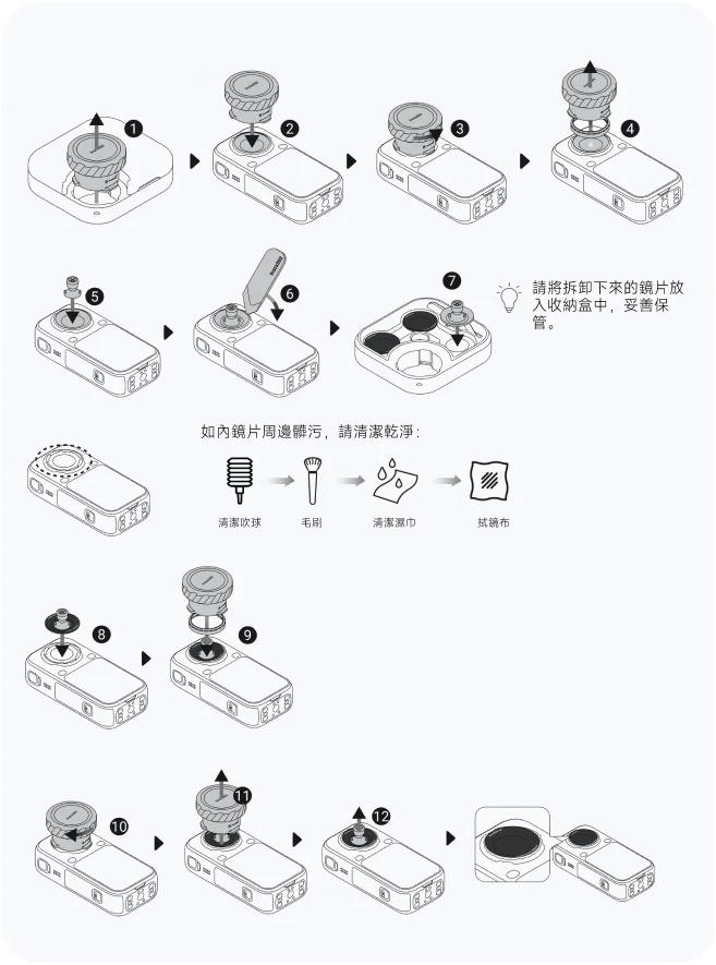 水下專用鏡片更換步驟圖解（步驟 1-12）