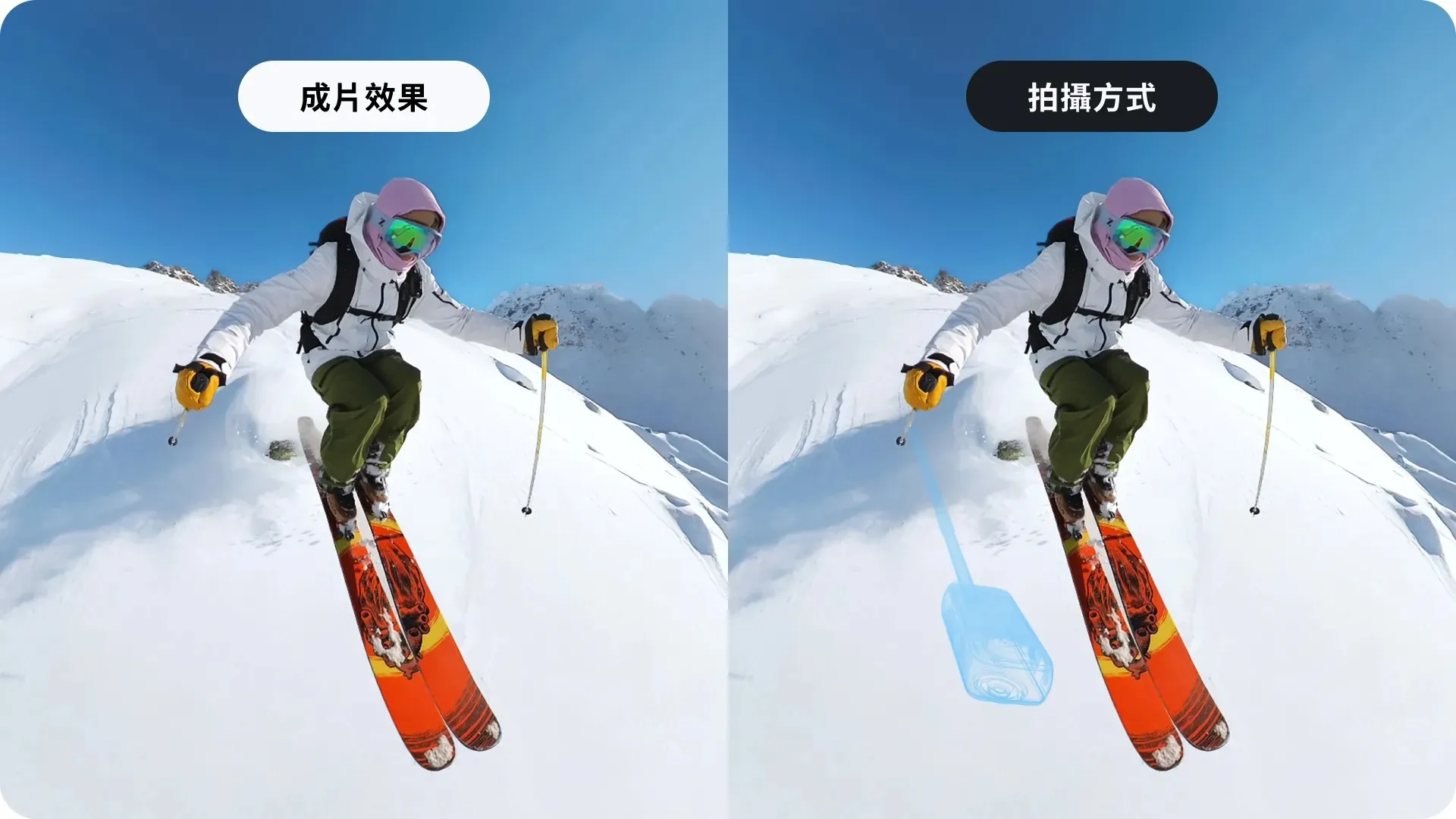 滑雪杆支架拍出的第三人稱成片與拍攝方式對照