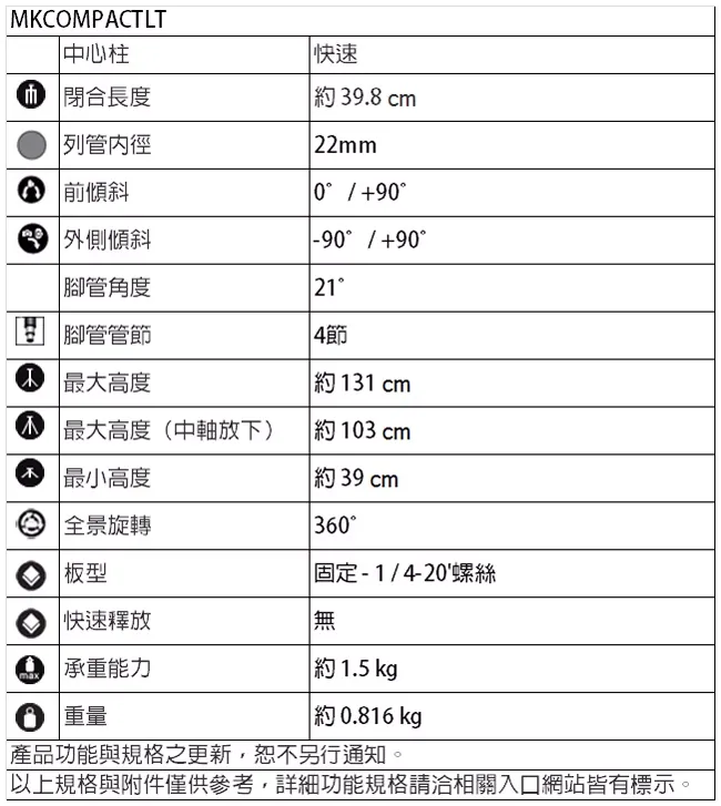 Manfrotto Compact Light 規格表:高度、管節、承重與重量