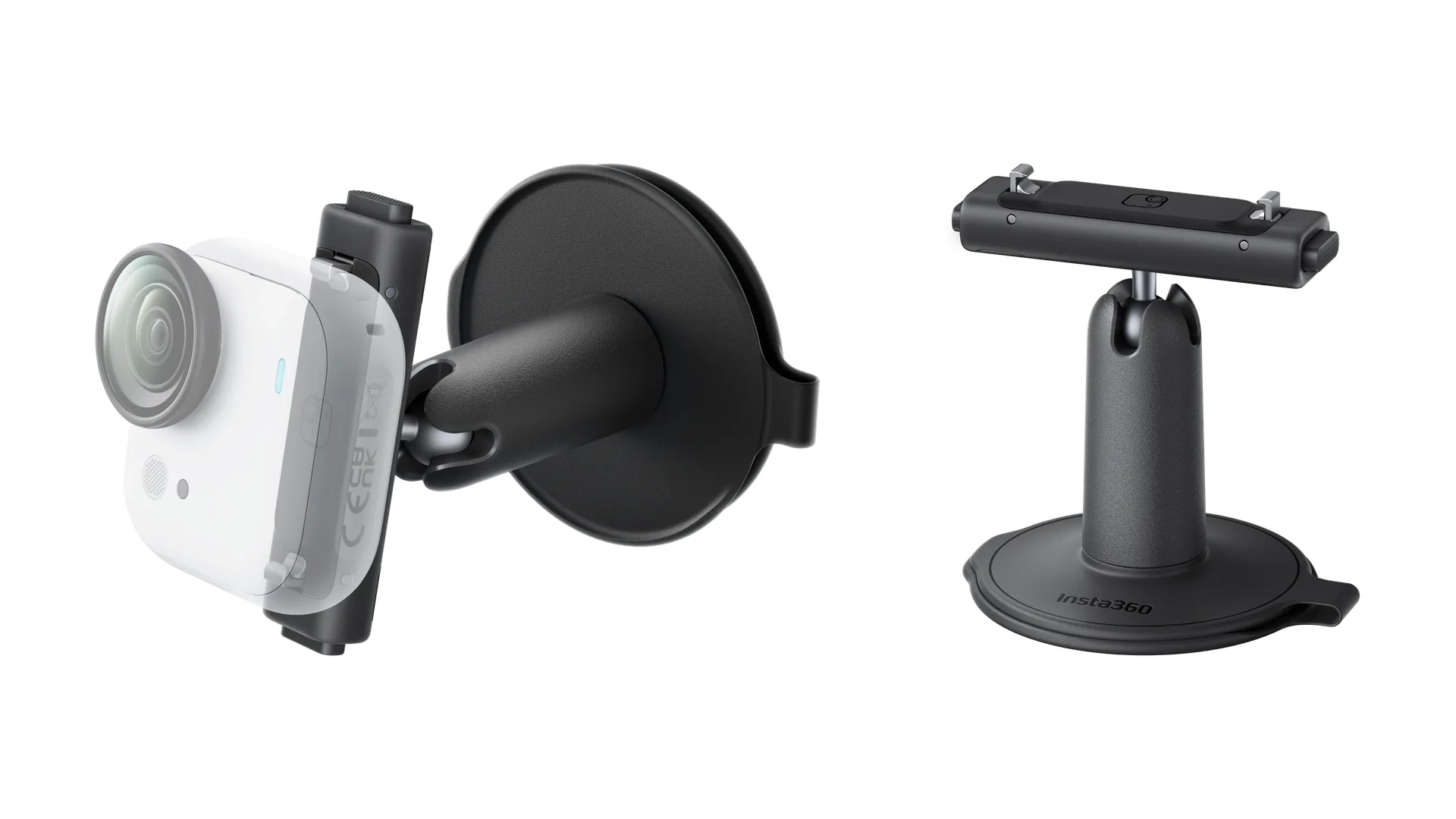 Insta360 GO Ultra 旋轉支架，左為裝上相機的樣子，右為支架本體